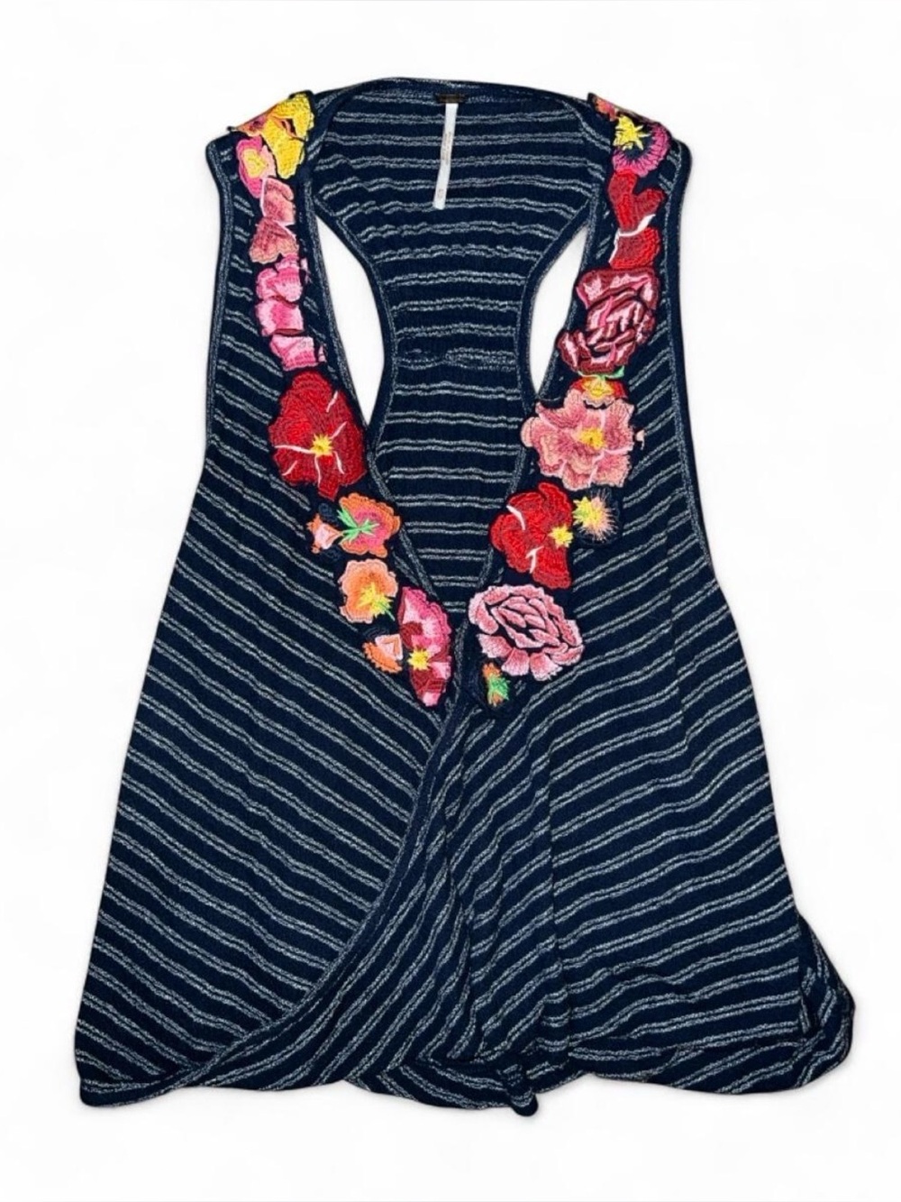 Free People Striped Navy Racerback Tank with Floral Embroidery